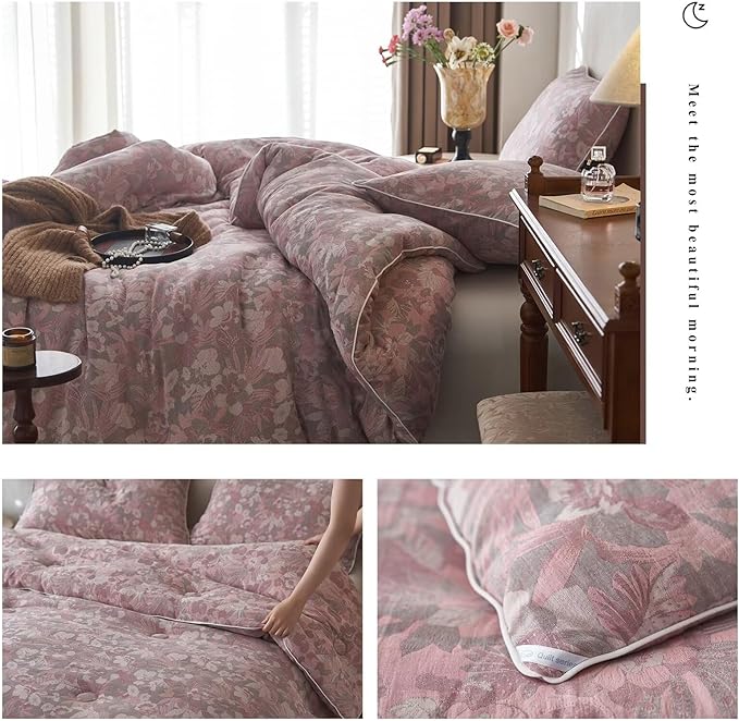 MKXI Double Layer Muslin Cotton Comforter Set Farmhouse Old Pink Floral Comforter Twin XL Shabby Chic Bedding Comforter Set Soft Breathable French Country Bed Comforter for All Season