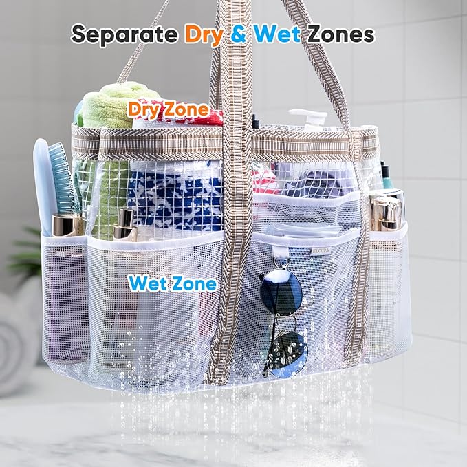 Large Mesh Shower Caddy – Portable ShowerTote with Waterproof Phone Pouch – Quick Dry Shower Bag with Separate Dry & Wet Zones for College Dorm, Gym, Beach Tote, Camping, Travel Essentials