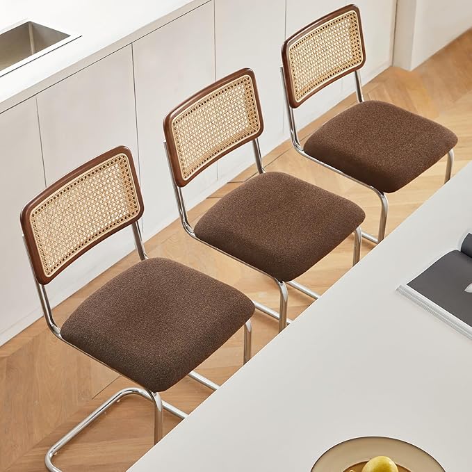 Natural Rattan Counter Height Stools Set of 3 with Solid Wood Back, 24 Inch Mid Century Modern Cesca Bar Stools, Brown Upholstery Boho Stool for Kitchen Counter with Chrome Metal Legs