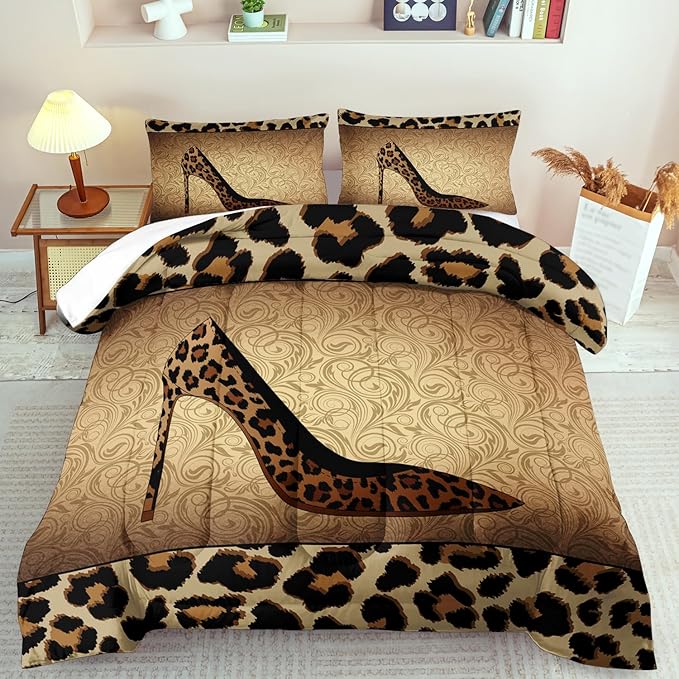 Leopard Comforter Set Queen Girls,Sexy High Heel Comforter for Women,Leopard Print Bedding Set Queen Adult,High Heel Quilt Bedroom Decor,African Animal Print Bedding Quilt