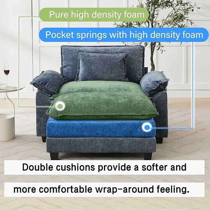 53" Modular Sectional Sofa, Comfy Cloud Couch Sectional Sofa with Ottoman, Chenille Sofa Sleeper Deep Seat Sofa with Throw Pillows for Living Room (Blue)
