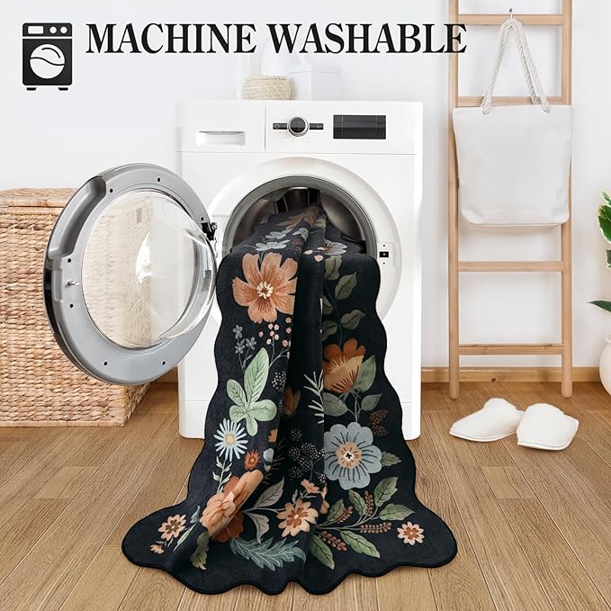 Lahome Floral Washable Round Area Rug, Round Rug 5ft Soft Non-Slip, Non-Shedding Boho Circle Carpet for Bedroom Living Room Bathroom Nursery Kitchen, Black/Grey