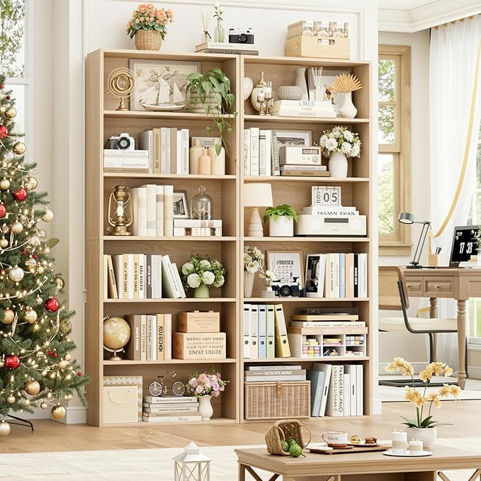 FOTOSOK 6-Tier Open Bookcase and Bookshelf Set of 2, Freestanding Display Storage Shelves Tall Bookcase for Bedroom, Living Room and Office, Light Oak