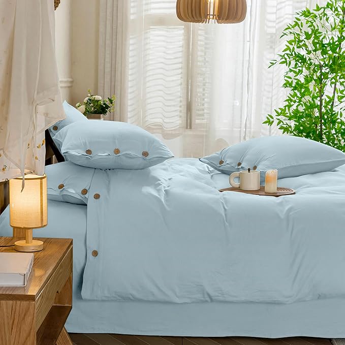 JELLYMONI Cotton Duvet Cover King Size - Light Blue Comforter Cover with Button 100% Washed Cotton 3PCS Breathable Soft Solid Bedding Set Duvet Cover 104×90in & 2 Pillowcases (NO Comforter)