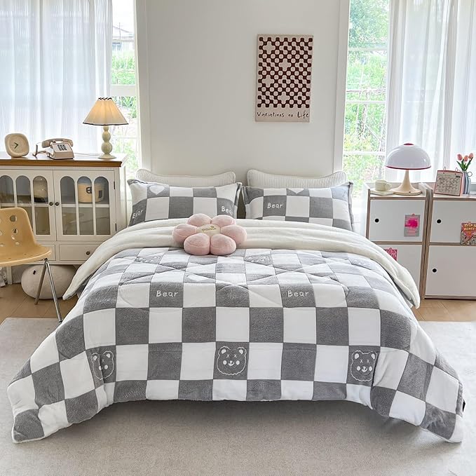 Fleece Comforter Set - 3 Piece Queen Size Thick Fluffy Comforters for Her Girls, Plush Cozy Warm,Soft Microfiber Bedding Bedroom Decor Winter (1 Comforter + 2 Pillow Shams)
