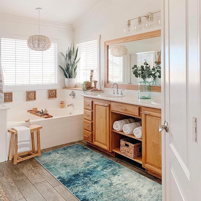 Lahome Modern Abstract Runner Rug with Rubber Backing - 2x6 Washable Rug Runners for Hallways Non Slip, 6 Ft Long Accent Carpet for Bathroom Kitchen Bedroom Entryway,Blue/Grey