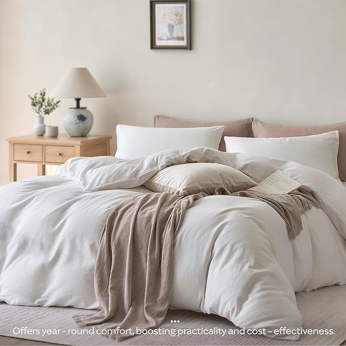 JELLYMONI Cotton Duvet Cover Queen Size - 100% Washed Cotton Linen Like Textured Comforter Cover, 3 Pieces Breathable Soft Bedding Set with Zipper Closure (Off White, Queen 90"x90")