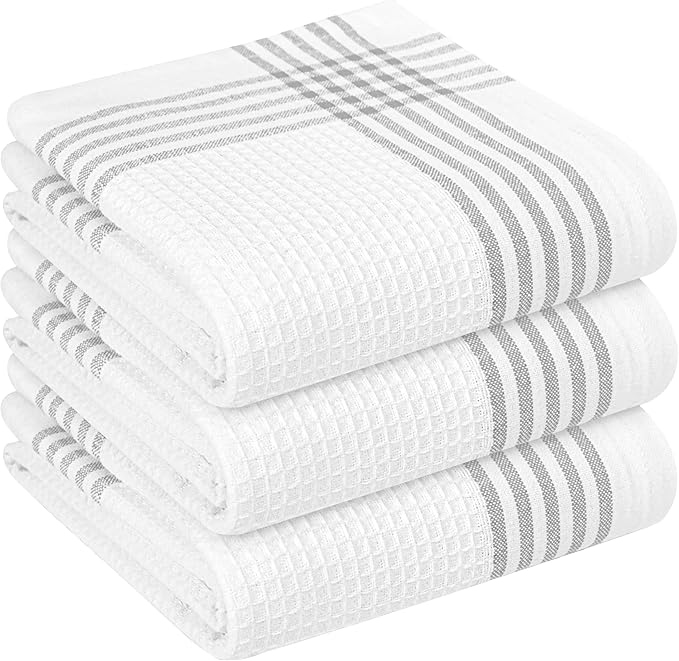 Grey and White Cotton Kitchen Towels 3 Pack, 16x26 Inch, Waffle Weave, Quick Dry, Absorbent, Durable Dish Towels for Drying, Cleaning, Cooking, Daily Kitchen Use