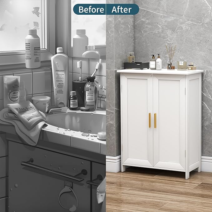 Bathroom Storage Floor Cabinet Freestanding Organizer with Adjustable Shelves for Bathroom Laundry Room,2 Doors