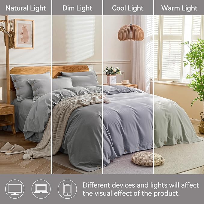 JELLYMONI Cotton Duvet Cover King Size - Light Gray Comforter Cover with Button 100% Washed Cotton 3PCS Breathable Soft Solid Bedding Set Duvet Cover 104×90in & 2 Pillowcases (NO Comforter)