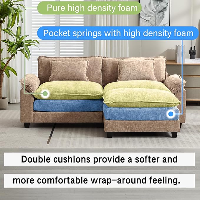 86" Modular Sectional Sofa, Comfy Cloud Couch Sectional Sofa with Ottoman, Chenille Sofa Sleeper Deep Seat Sofa with Throw Pillows for Living Room (Khaki, 86"- L Shape)