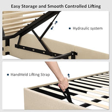 Full Size Lift Up Storage Bed, Upholstered Platform Bed Frame with Wingback Headboard, Hydraulic System, Solid Wooden Slats Support, Noise-Free, No Box Spring Needed, Easy Assembly, Beige