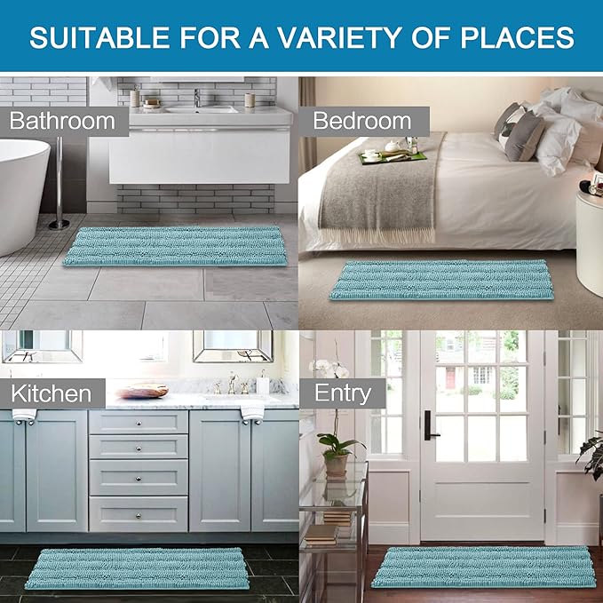 H.VERSAILTEX Bath Rugs for Bathroom Non Slip Bath Mats Extra Thick Chenille Striped Bath Rug Runners 47" x 17" Absorbent Fluffy Soft Shaggy Mats Dry Fast Plush Area Carpet for Bath Room - Aqua Haze