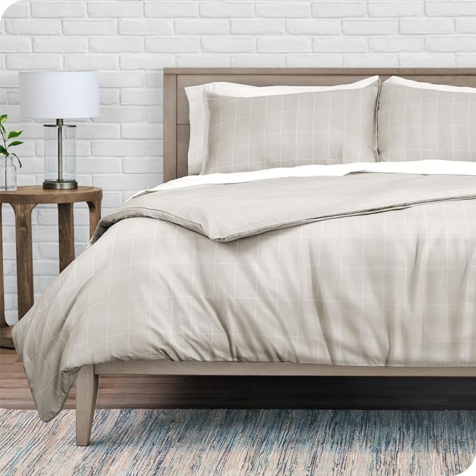 Bare Home Bedding Duvet Cover Extra Long - Premium 1800 Super Soft Collection - Lightweight, Duvet Cover - Soft Textured (Twin/Twin XL, Grid - Stone/White)