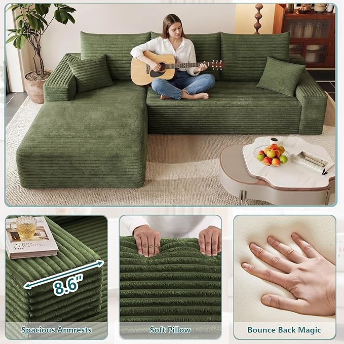 95" Modular Sectional Couch, Boneless L Shaped Cloud Sofa with Chaise Lounge, Corduroy Upholstered Couches Memory Foam Deep Seat, No Assembly Required, Ideal for Living Room(Green, Left Facing)