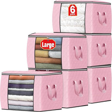Fab totes 24 Gallons Clothes Storage, Foldable Thick Fabric Blanket Storage Bags, Containers for Organizing Bedroom, Closet, Clothing, Comforter, Organization with Handle (6 Pack,Pink)
