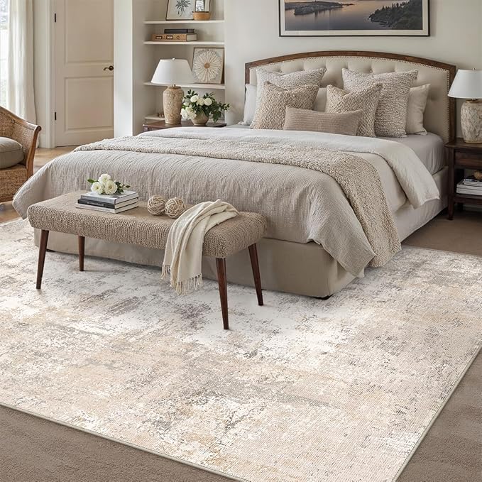 12x15 Area Rug Beige Grey Abstract Living Room Bedroom Washable Carpet Neutral Modern Non Slip Soft Low Pile Indoor Extra Large Throw Rug for Dining Room