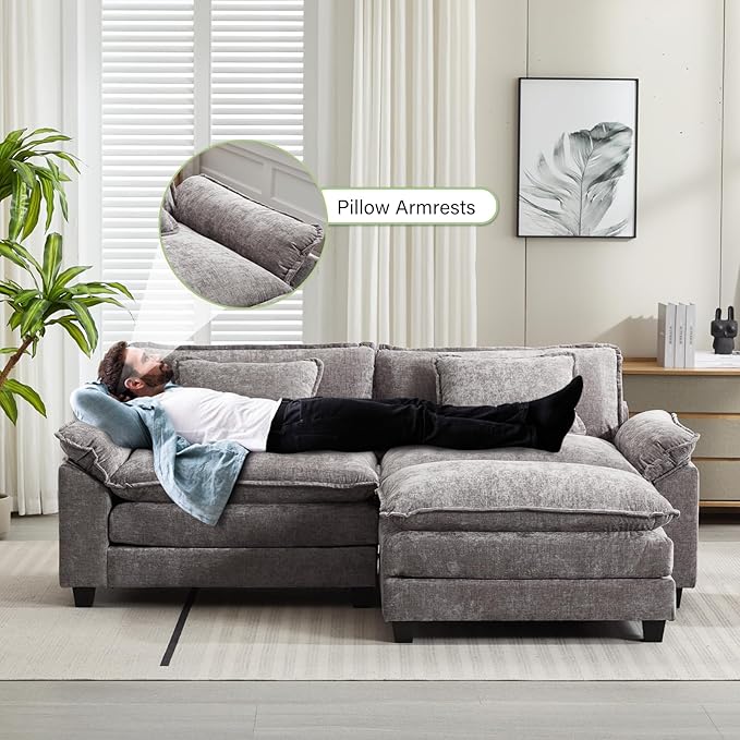 86" Modular Sectional Sofa, Comfy Cloud Couch Sectional Sofa with Ottoman, Chenille Sofa Sleeper Deep Seat Sofa with Throw Pillows for Living Room (Light Gray, 86"- L Shape)