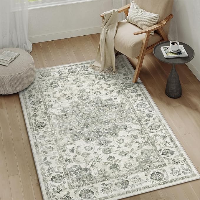 4x6 Washable Neutral Area Rug Green Vintage Entryway Office Carpet Non-Slip Soft Low Pile Floral Throw Rug for Entrance Living Room Bathroom Dining Room