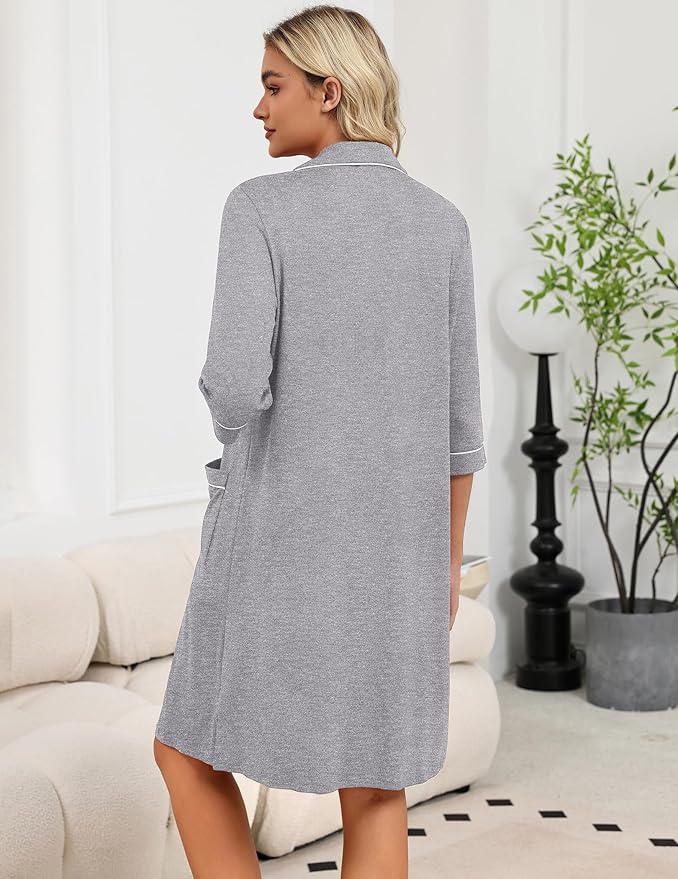 Ekouaer Zipper Robes for Women 3/4 Sleeve Housecoats Knee Length Bathrobe Lightweight Nightgown with Pockets S-3XL