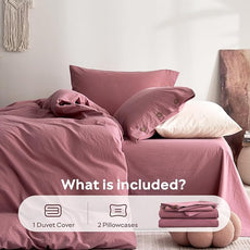JELLYMONI 100% Washed Cotton Duvet Cover Queen – Soft, Breathable Linen-Look Bedding with Natural Wrinkle Texture, Button Closure, 3-Piece Set (Deep Rose, 90