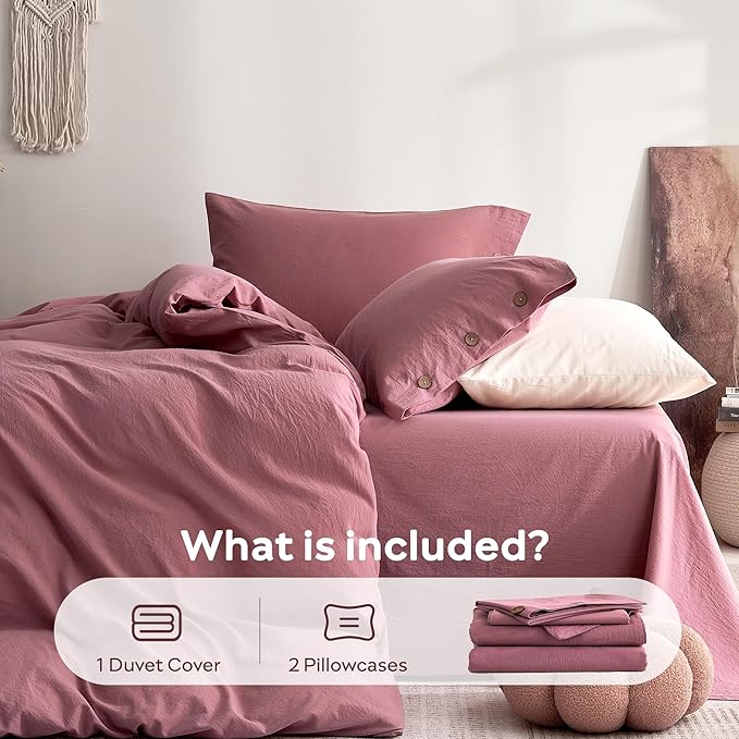 JELLYMONI 100% Washed Cotton Duvet Cover Queen – Soft, Breathable Linen-Look Bedding with Natural Wrinkle Texture, Button Closure, 3-Piece Set (Deep Rose, 90"x90")
