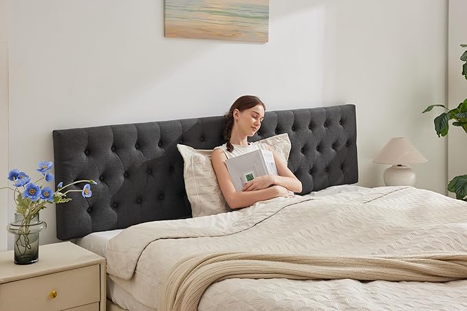 Kingfun Tufted Upholstered Full Size Bed Headboard in Modern Button Design, Adjustable Solid Wood Head Board, Premium Linen Fabric Padded Headboards in Bedroom (Dark Grey)