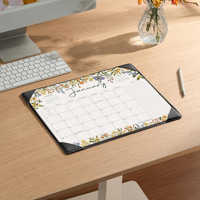 Desk Calendar 2026 with Desktop Mat, Cabbrix Large Desk Pad Calendar 15 x 12 Inch Runs From January 2026 to June 2027, Floral Design Calendar 2026 for Home School and Office (Black)