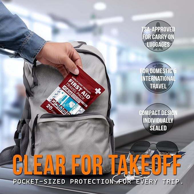 Travel Bandage Pack | 12 Individual Packets, Bulk Portable Mini First Aid Kit with 20 On-The-Go Essentials | Compact Water-Resistant Reusable Pouch to Clean, Cover & Protect