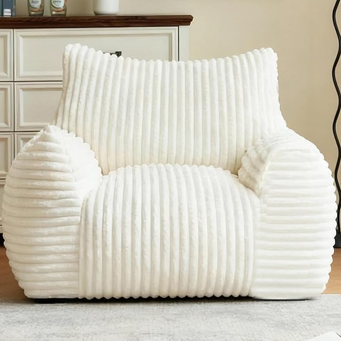 Premium Beige Bean Bag Chair for Adults with Armrest- Ultra Plush Memory Foam Lounge Sofa & Comfy Reading Nook Chair for Bedroom, Living Room & Dorm (White, Without Pedals)