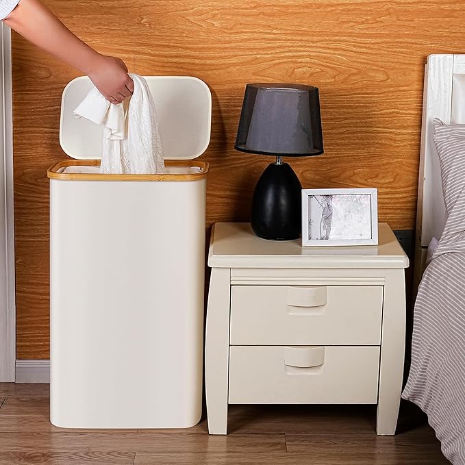 efluky Slim Laundry Basket with Lid, Narrow Laundry Hamper with Removable Bag, Skinny Dirty Clothes Basket with Bamboo Handles for Bathroom, Bedroom & Laundry Room, 75L Beige