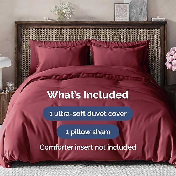 CGK Unlimited Duvet Cover Twin/Twin XL Size Set - Extra Soft Duvet Cover 68 x 90 with 1 Pillow Sham - Hotel Quality, Fade Free w/Zipper Closures & Ties - Bedding and Bed Linens Set (Burgundy)
