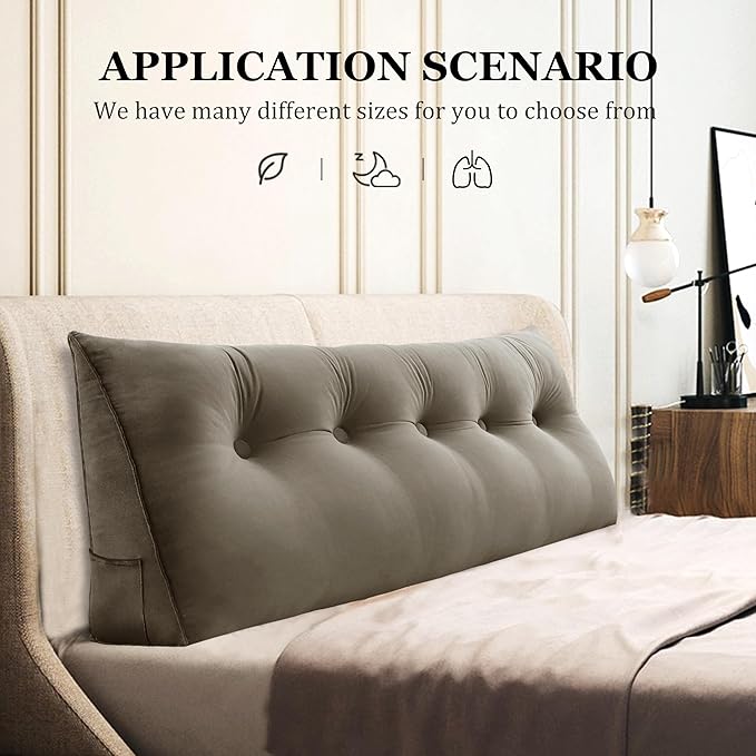 11 lbs Thickened Queen Wedge Pillow Headboard Body Positioner Bed Wedge Pillow Backrest Support Triangular Headboard Cushion with Side Pocket Velvet Positioning Support Taupe