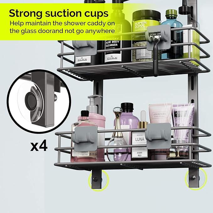 Orimade Over The Door Shower Caddy Adjustable 4 Tier Dark Grey,Bathroom Hanging Organizer Shelf Rustproof with 4 Hooks,Shower Basket with Soap Holder and Suction Cup
