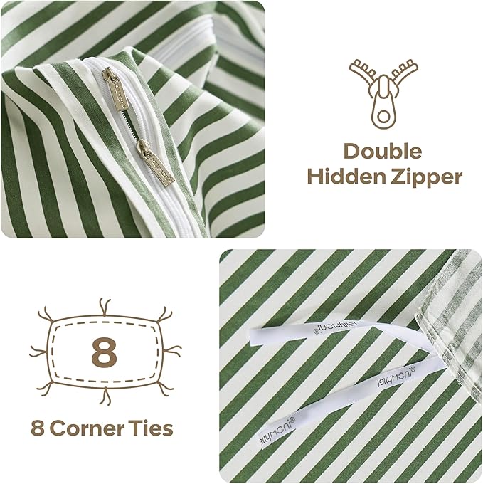 JELLYMONI 100% Natural Cotton 3pcs Striped Duvet Cover Sets,White with Green Stripes Pattern Printed Comforter Cover,with Zipper Closure & Corner Ties(Queen Size)