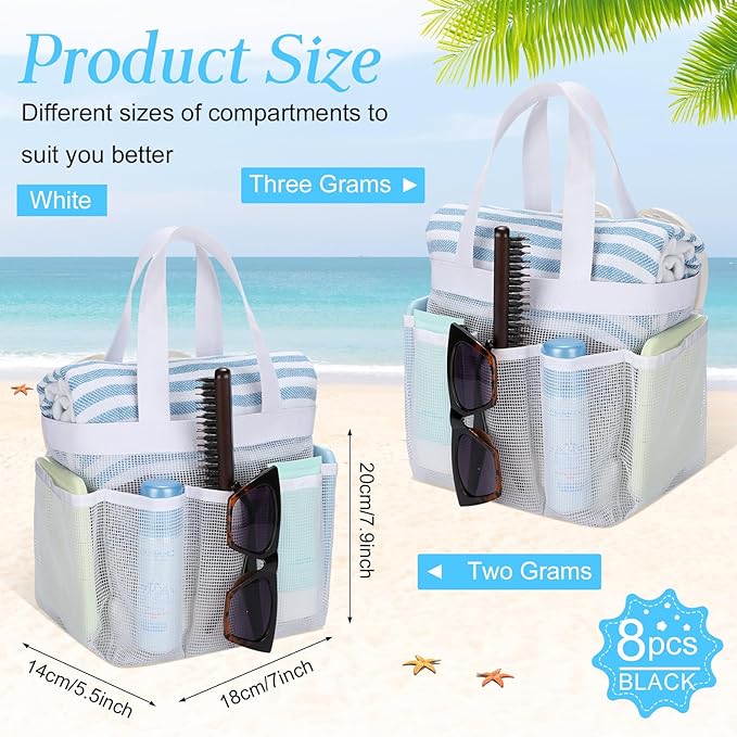 8 Packs Mesh Shower Caddy Portable Large Shower Caddy Dorm with 8 Pockets and Handles Quick Dry Shower Bags Hanging Bath Bag Dorm Room College Essentials for Bathroom Gym Camp (White)
