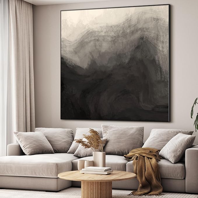 36"x36" Large Framed Wall Art - Monochrome Gray and Black Misty Mountains (Frame Assembly Required)