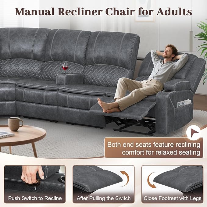 Manual Reclining Sectional Sofa Set, 5 Seats 1+1+3 Dutch Velvet Reclining Corner Sectional Couch, Family-Sized L-Shaped Recliner Couch with USB Charging, Thickened Padding, Sturdy Frame, Grey