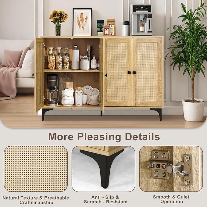 Rattan 2-Door Storage Cabinet Buffet - Boho Small Sideboard with Adjustable Shelves for Pantry Kitchen Entryway, Natural Weave 23.6" W x 15" D x 33.3" H