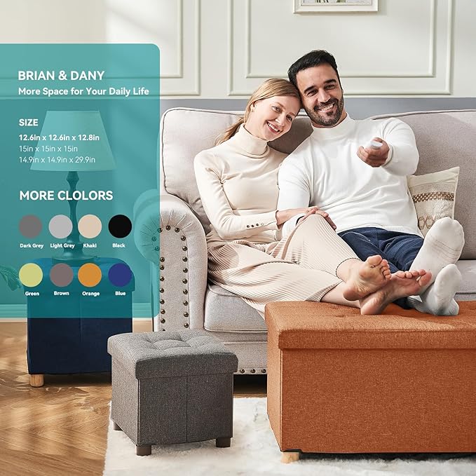 BRIAN & DANY Ottoman with Storage, Small Storage Ottoman for Dorm, Linen Folding Ottoman Foot Stool with Legs for Living Room and Bedroom, 15"x15"x15" - Orange