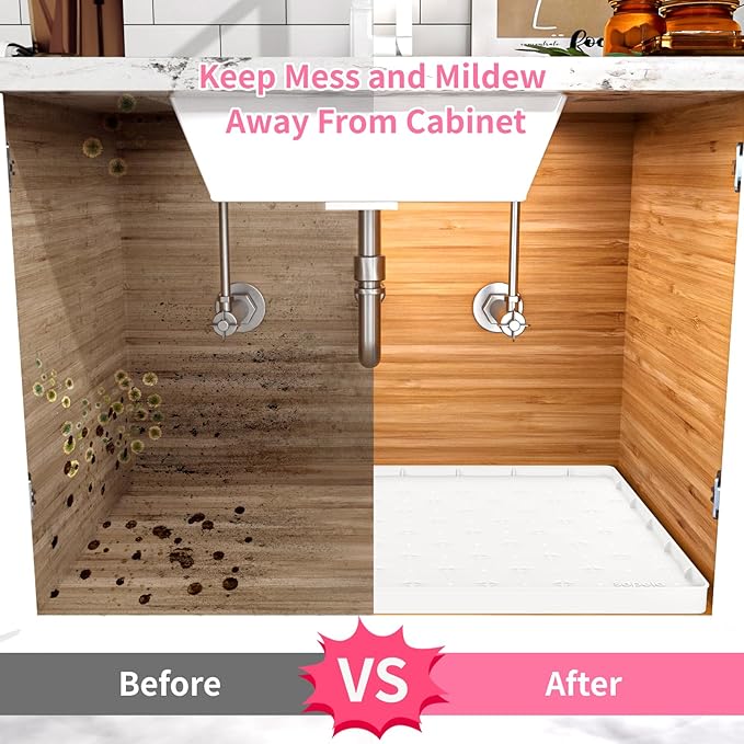 Sdpeia Under Sink Mat 31"×22" Waterproof Silicone Cabinet Liner & Sink Protector for Kitchen & Bathroom, Multi-Purpose Organizers Tray for Pets, Laundry, Cat Litter Mat, White