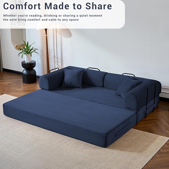 Compressed Sofa, Convertible Sofa Bed, Corduroy Compression Boneless Couch with Pillow, Comfy Modular Foldable Floor Sleeper Sofa for Bedroom, Living Room, Lounge, Studio (Dark Blue)