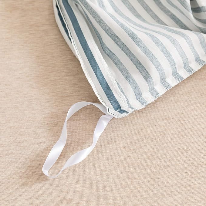 JELLYMONI 100% Natural Cotton 3pcs Striped Duvet Cover Sets,White Duvet Cover with Grayish Blue Stripes Pattern Printed Comforter Cover,with Zipper Closure & Corner Ties(Queen Size)