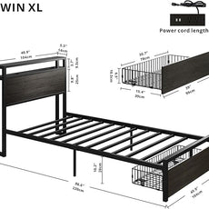 LIKIMIO Twin XL Bed Frames with Drawer, Storage Headboard with Outlets, No Box Spring Needed, Easy Assembly, Gray Black