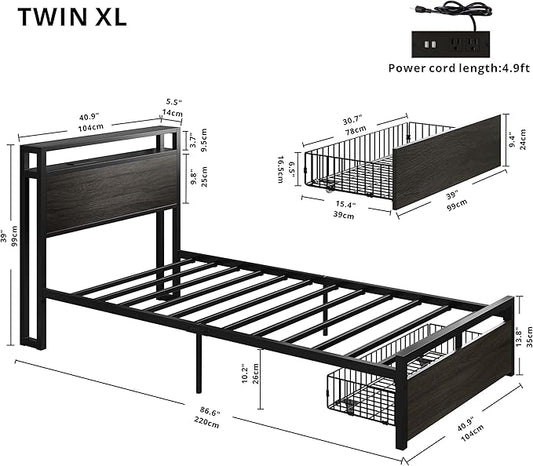 LIKIMIO Twin XL Bed Frames with Drawer, Storage Headboard with Outlets, No Box Spring Needed, Easy Assembly, Gray Black