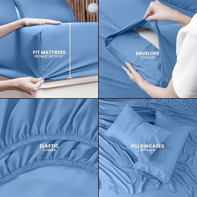 Utopia Bedding Queen Sheet Set – 4 Piece Bed Sheets for Queen Size Bed, Soft and Breathable Microfiber, Includes 1 Fitted Sheet, 1 Flat Sheet and 2 Pillowcases (Dutch Blue)