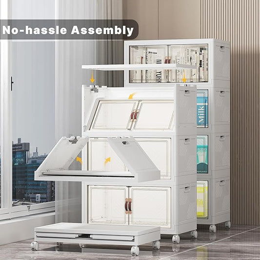 Extra Large Stackable Storage Bins with Lids & Wheels & Door, 416QT-52QT/13GAL*8Pack Foldable Collapsible Closet Organizers, Plastic containers drawers for bedroom Dorm