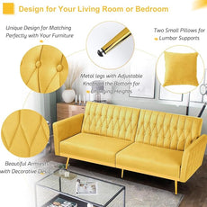 70” Velvet Futon Sofa Bed w/Adjustable Armrests & 2 Pillows, Convertible Futon Couch w/Adjustable Backrests, Modern Sleeper Bed for Living Room, Bedroom, Yellow
