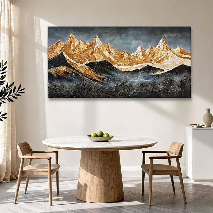 YETHEN WAL Gold Mountain Landscape Wall Art, Textured Mountain Canvas Print in Grey & Gold, Modern Horizontal Artwork, Gallery Wrapped, 20×40 in
