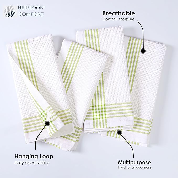 Lemon Green and White Waffle Kitchen Towels 12 Pack, 100% Cotton, 16x26 Inch, Super Absorbent, Reusable Fast Drying Dish Towels for Cleaning, Washing, Drying Dishes, Kitchen